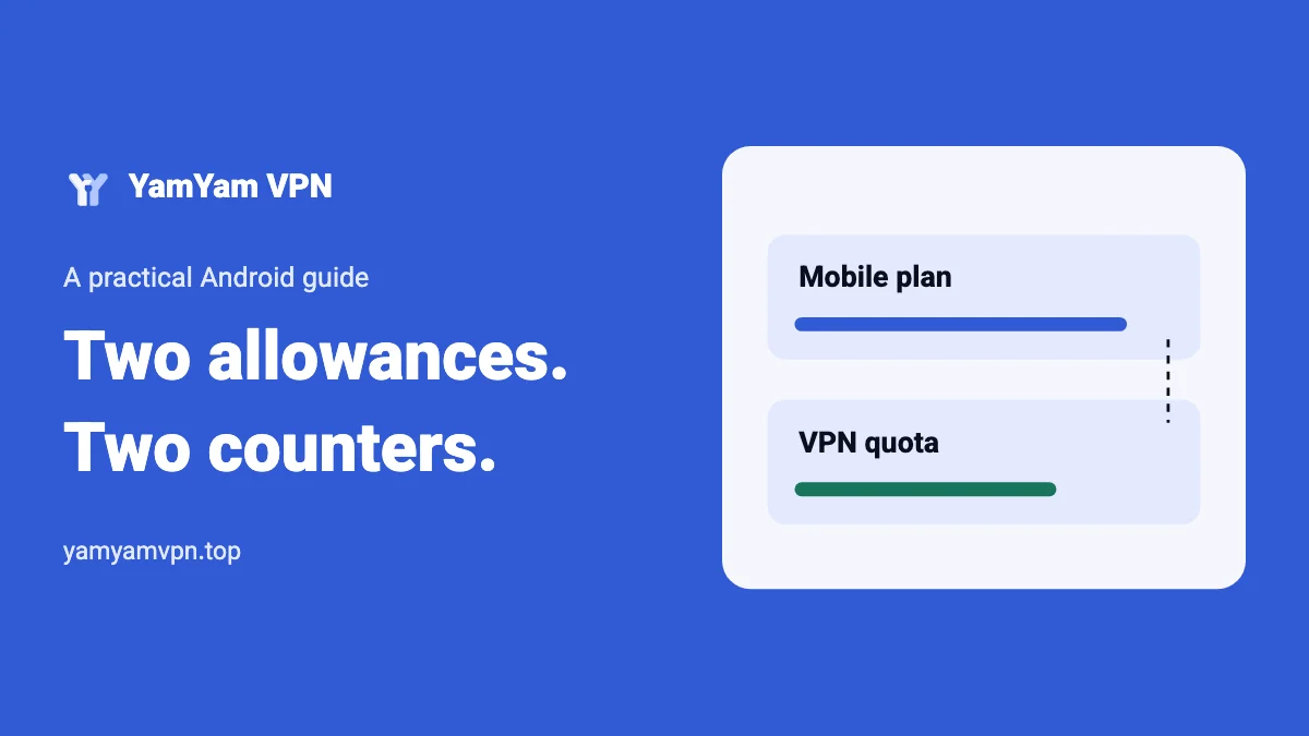 Separate mobile-data and VPN-quota meters beside a phone with a tunnel route